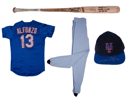 Edgardo Alfonzo Game Used and Signed New York Mets Collection of 4 Items Including Bat, Jersey, Hat and Pants (PSA/DNA GU 9, JSA)